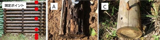 試験した結果の写真。木材被害を受けてボロボロになっている無処理木材、木材被害を全く受けていないODウッド木材